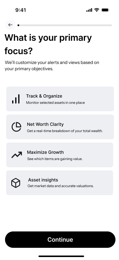Onboarding: choose your primary focus — track, net worth, growth or insights