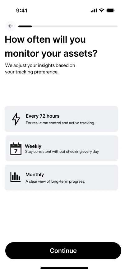 Onboarding: pick how often you check your assets